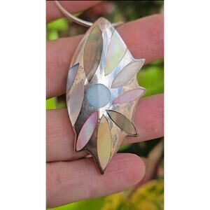 Vintage Sterling Silver Mother of Pearl Modernist Multi Colored Pendant Necklace